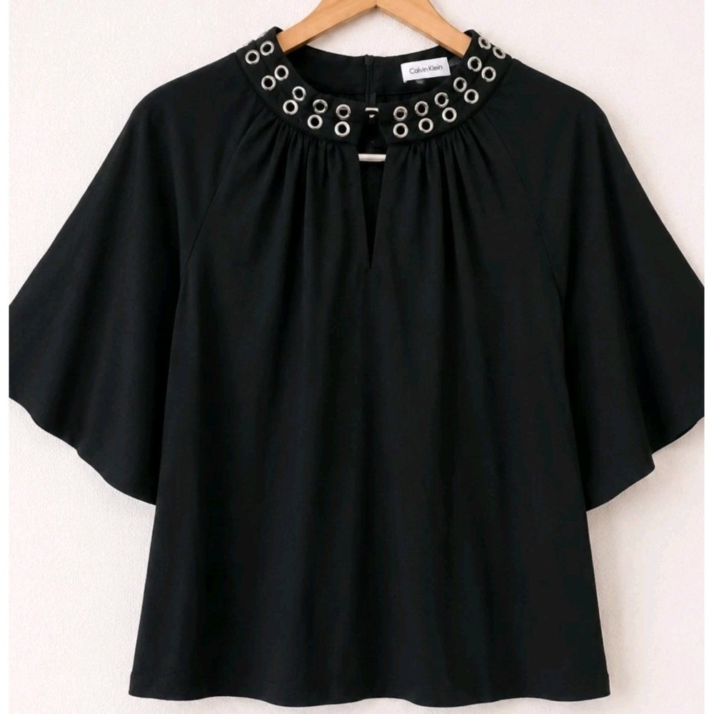 Carmen Marc Valvo 2X Black Grommet Blouse Flutter Sleeve Goth Dressy Statement